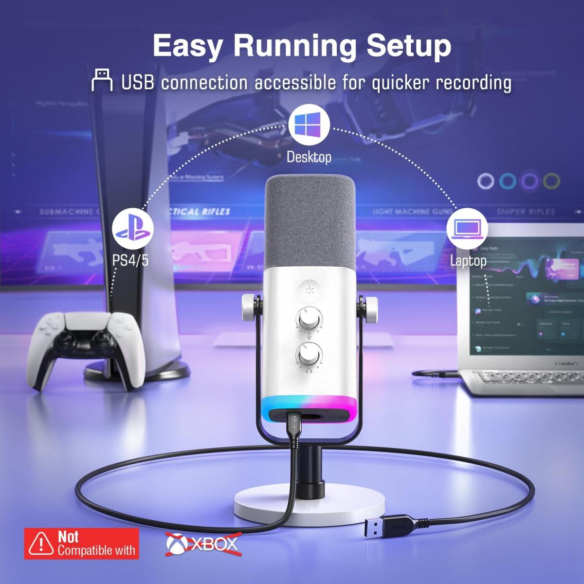 Fifine Ampligame AM8 Rgb Usb/xlr Dynamic Mic With Touch-mute, I/o Controls, Live Monitoring For Streaming (White)