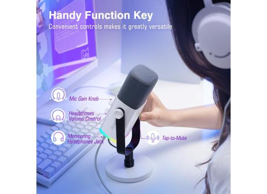 Fifine Ampligame AM8W Rgb Usb/xlr Dynamic Mic With Touch-mute, I/o Controls, Live Monitoring For Streaming (White)