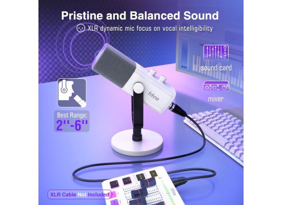 Fifine Ampligame AM8W Rgb Usb/xlr Dynamic Mic With Touch-mute, I/o Controls, Live Monitoring For Streaming (White)