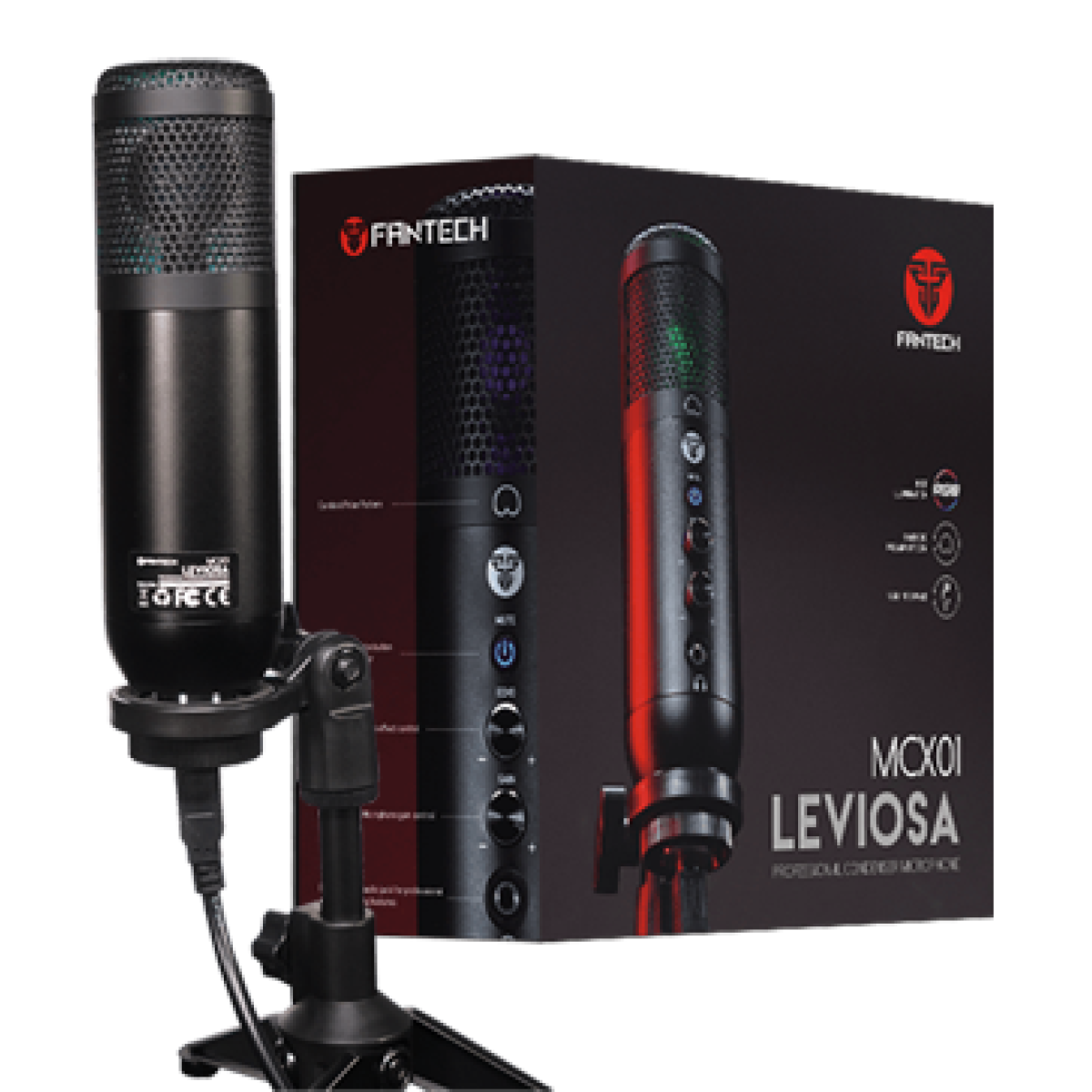 FANTECH LEVIOSA MCX01 Professional Condenser RGB STREAMING USB Microphone Cardioid Polar Pattern Easy Adjustable Tripod