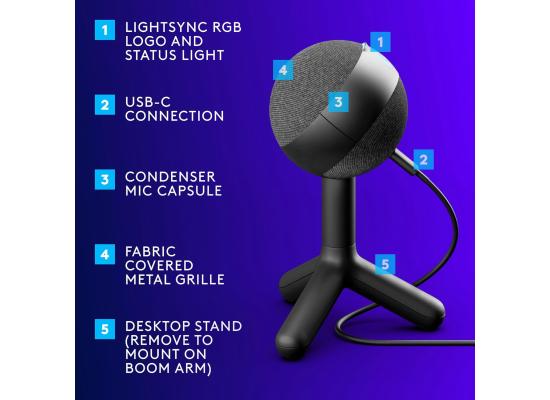 Logitech G Yeti Orb Condenser LIGHTSYNC RGB Wired Cardioid USB Gaming capsule Mic for PC & Mac, Plug and Play, For Gaming & Content Creation