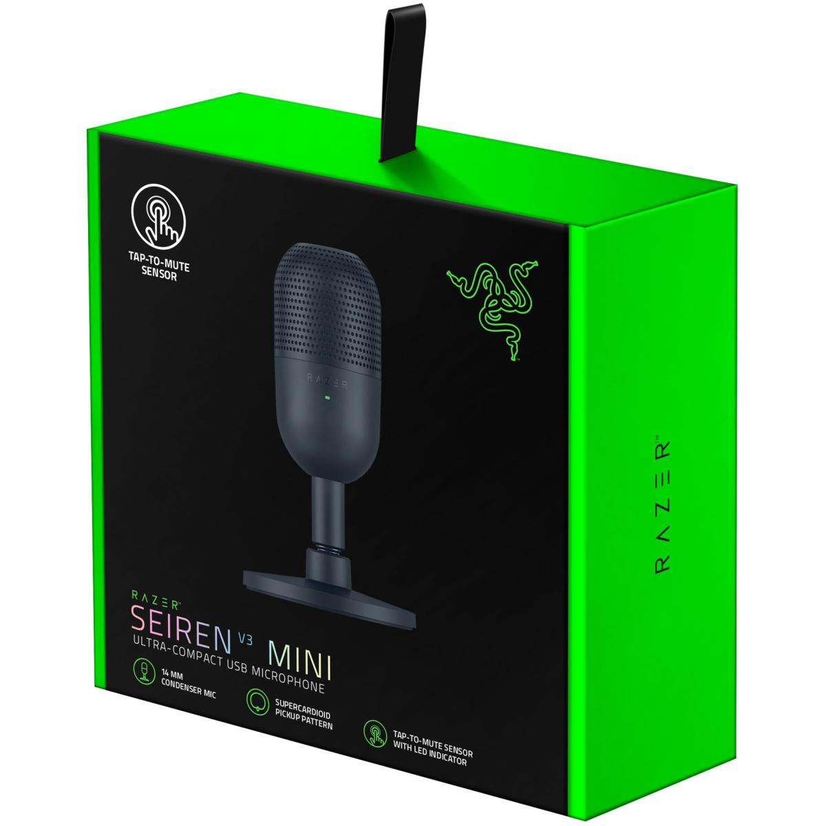 Razer Seiren V3 Mini Ultra Compact Condenser USB Microphone w/ Supercardioid Pattern, Tap-to-Mute Sensor with LED Indicator, Shock Absorber, PC, Discord, OBS Studio, XSplit - Black