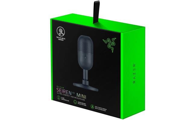 Razer Seiren V3 Mini Ultra Compact Condenser USB Microphone w/ Supercardioid Pattern, Tap-to-Mute Sensor with LED Indicator, Shock Absorber, PC, Discord, OBS Studio, XSplit - Black