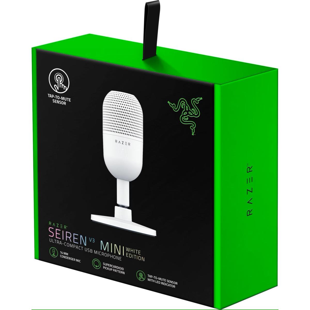 Razer Seiren V3 Mini Ultra Compact Condenser USB Microphone w/ Supercardioid Pattern, Tap-to-Mute Sensor with LED Indicator, Shock Absorber, PC, Discord, OBS Studio, XSplit - White Edition