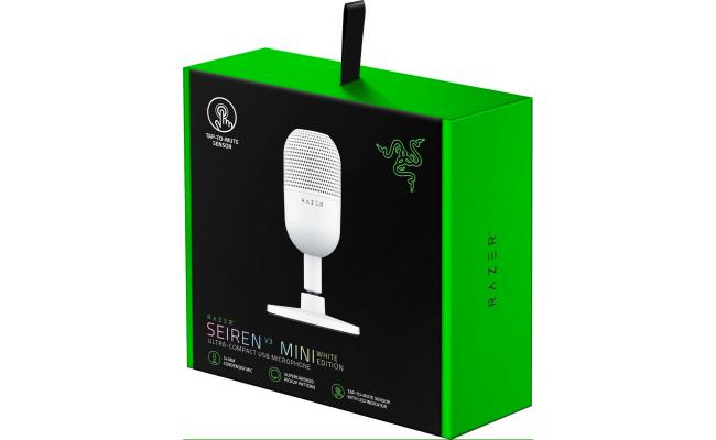 Razer Seiren V3 Mini Ultra Compact Condenser USB Microphone w/ Supercardioid Pattern, Tap-to-Mute Sensor with LED Indicator, Shock Absorber, PC, Discord, OBS Studio, XSplit - White Edition