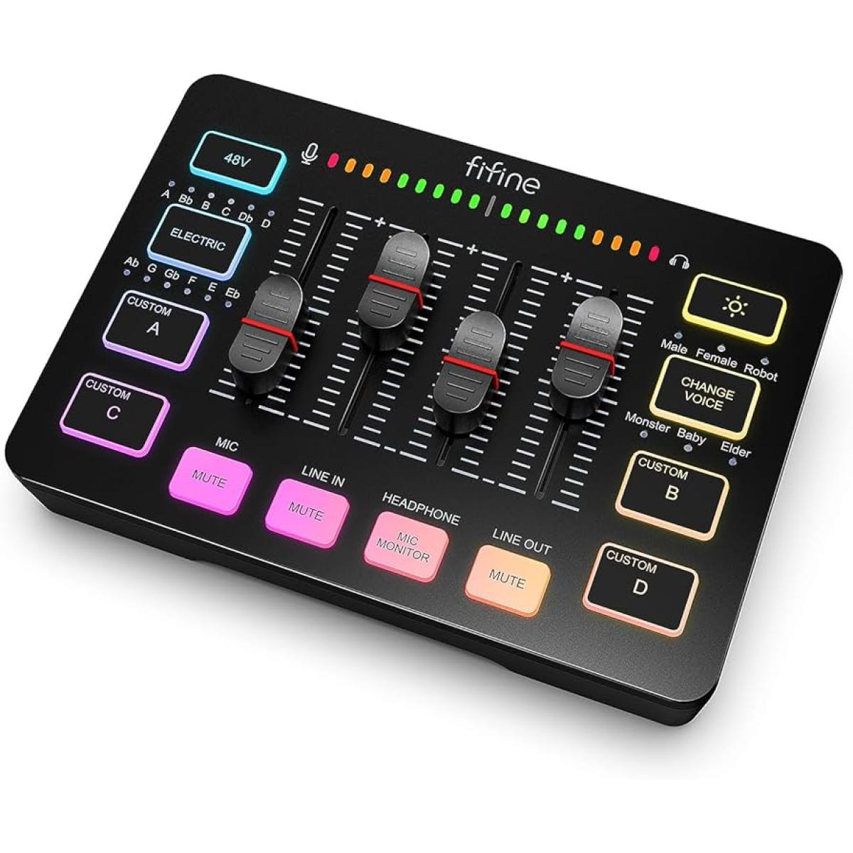 Fifine Ampligame SC3 Gaming Usb Mixer With Xlr/headset Input, Monitoring, Line In/out, Faders, Mute/voice Effect/sample