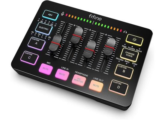 Fifine Ampligame SC3 Gaming Usb Mixer With Xlr/headset Input, Monitoring, Line In/out, Faders, Mute/voice Effect/sample