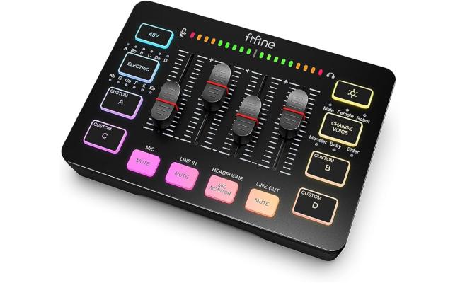 Fifine Ampligame SC3 Gaming Usb Mixer With Xlr/headset Input, Monitoring, Line In/out, Faders, Mute/voice Effect/sample