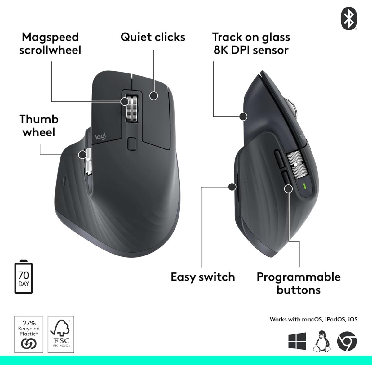 Logitech MX Master 3S Bluetooth Edition, No USB Receiver - Ultra-Fast Scrolling, Ergo, 8K DPI, Track on Glass, Quiet Clicks, Works with Apple Mac, Windows PC, Linux, Chrome - Graphite Logitech MX Master 3S Bluetooth Edition, No USB Receiver - Ultra-Fast Scrolling, Ergo, 8K DPI, Track on Glass, Quiet Clicks, Works with Apple Mac, Windows PC, Linux, Chrome - Graphite