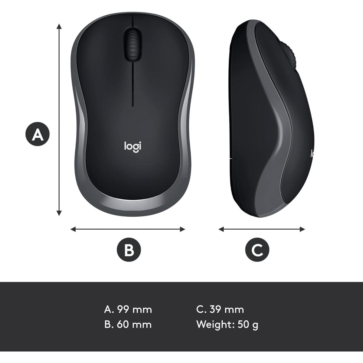 Logitech M185 Wireless Mouse - Swift Grey, advanced 2.4 GHz wireless connectivity, 910-002235.