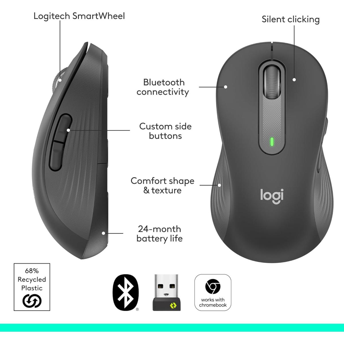 Logitech Wireless Mouse Signature M650, Silent Clicks, Customizable Buttons, Bluetooth, PC/Mac/Chromebook - Graphite. Logitech Wireless Mouse Signature M650, Silent Clicks, Customizable Buttons, Bluetooth, PC/Mac/Chromebook - Graphite.