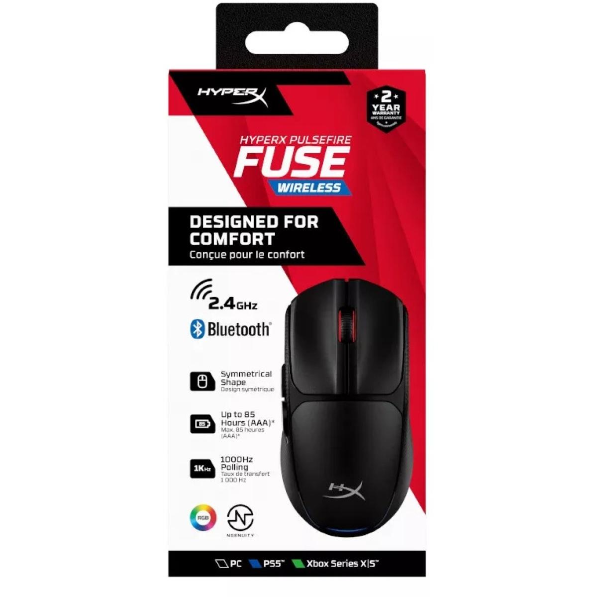 HyperX Pulsefire Fuse Wireless (2.4GHz / Bluetooth) Lightweight (75g) RGB Gaming Mouse,12K DPI, Up to 85 Hours AA Battery - For PC/PS5/Xbox Series X