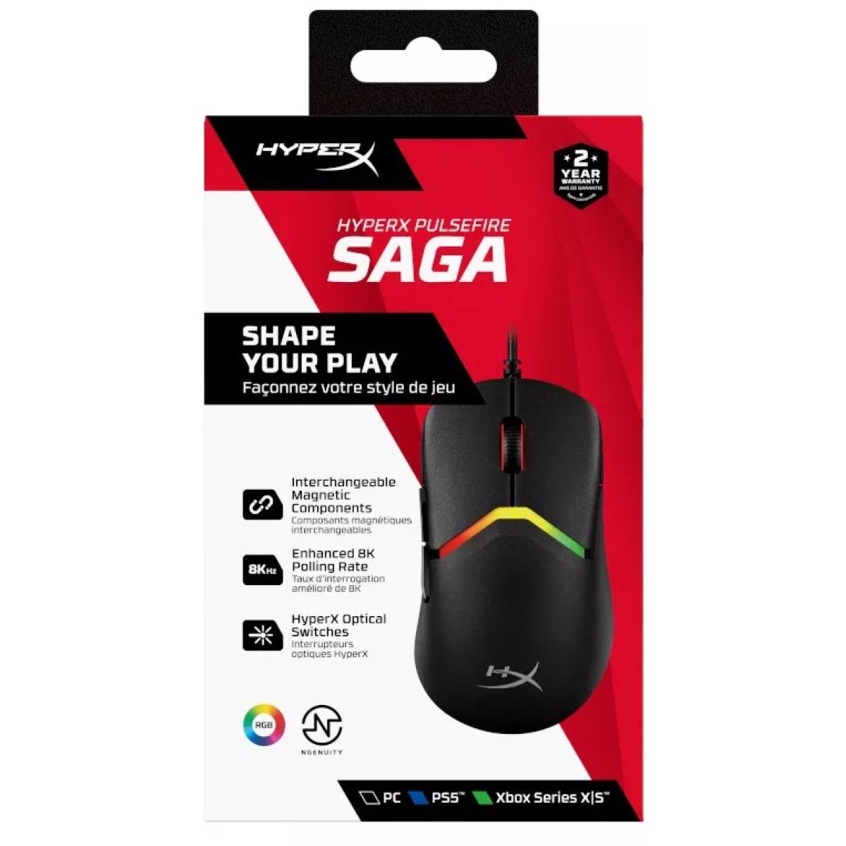 HyperX Pulsefire Saga Wired Lightweight (69g) RGB Gaming Mouse, 26K DPI, 8KHz Tracking Polling Rate, Optical Mechanical Switches - For PC/Xbox/PS5