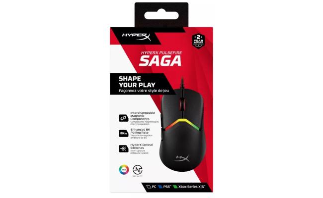 HyperX Pulsefire Saga Wired Lightweight (69g) RGB Gaming Mouse, 26K DPI, 8KHz Tracking Polling Rate, Optical Mechanical Switches - For PC/Xbox/PS5