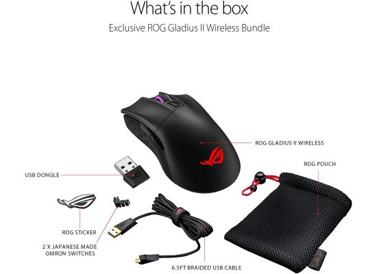 ASUS ROG Gladius II Wireless ergonomic RGB gaming mouse with dual 2.4GHz/Bluetooth wireless connectivity, PWM3389 Sensor, advanced 16000-dpi