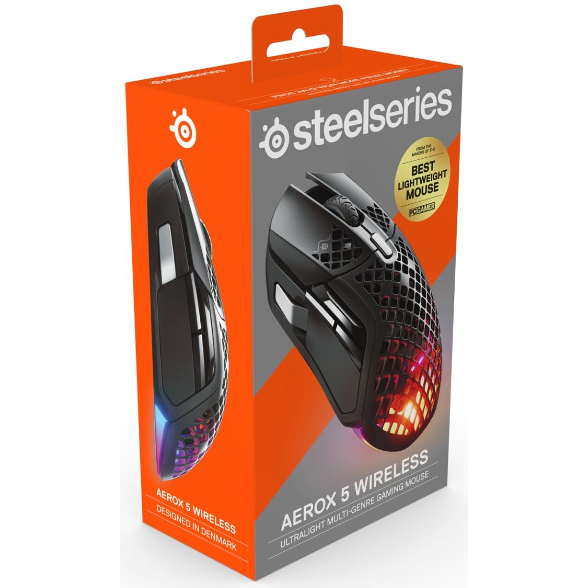 SteelSeries Aerox 5 Wireless (2.4 GHz/Bluetooth) Holey RGB TrueMove Air Optical Sensor Gaming Mouse,18000 DPI, 9 Buttons, Ultra-lightweight, Water Resistant Design