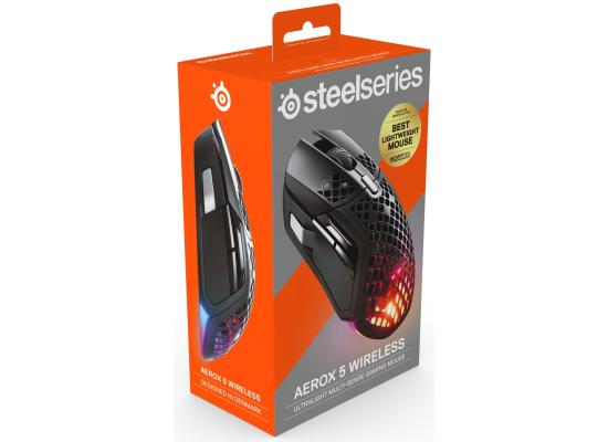 SteelSeries Aerox 5 Wireless (2.4 GHz/Bluetooth) Holey RGB TrueMove Air Optical Sensor Gaming Mouse,18000 DPI, 9 Buttons, Ultra-lightweight, Water Resistant Design 