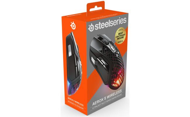 SteelSeries Aerox 5 Wireless (2.4 GHz/Bluetooth) Holey RGB TrueMove Air Optical Sensor Gaming Mouse,18000 DPI, 9 Buttons, Ultra-lightweight, Water Resistant Design