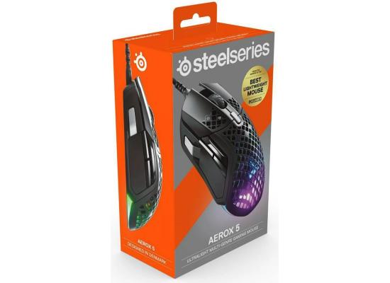 SteelSeries Aerox 5 Holey RGB TrueMove Air Optical Sensor Wired Gaming Mouse,18000 DPI , Ultra-lightweight, Water Resistant Design 