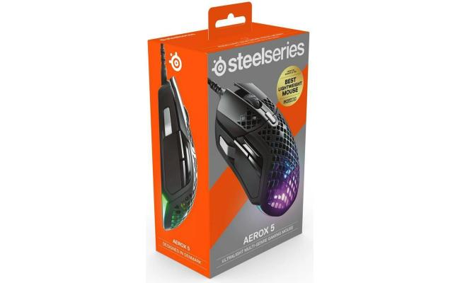 SteelSeries Aerox 5 Holey RGB TrueMove Air Optical Sensor Wired Gaming Mouse,18000 DPI , Ultra-lightweight, Water Resistant Design
