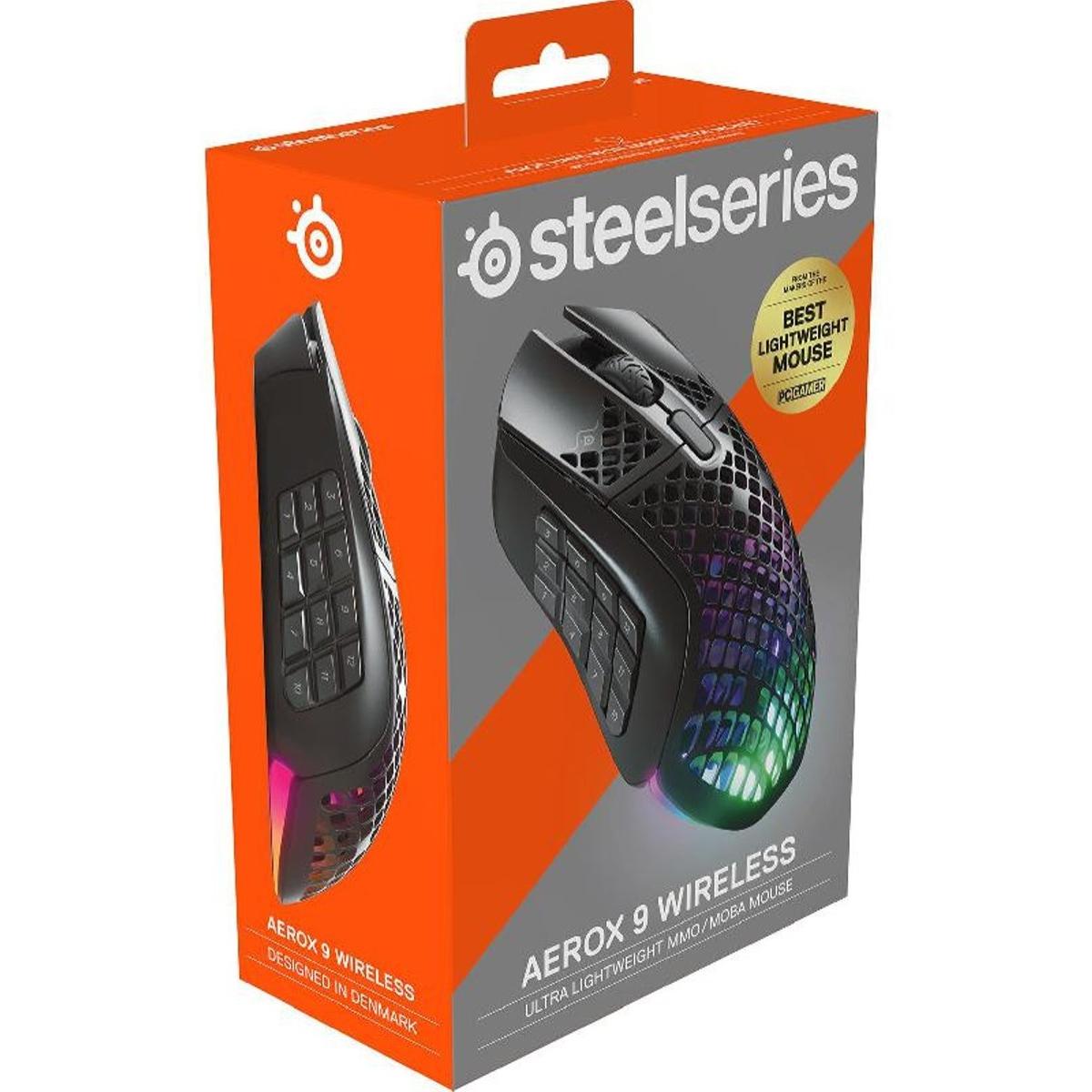 SteelSeries Aerox 9 Wireless (2.4 GHz/Bluetooth) Holey RGB TrueMove Air Optical Sensor Gaming Mouse,18000 DPI,18 Buttons, Ultra-lightweight, Water Resistant Design