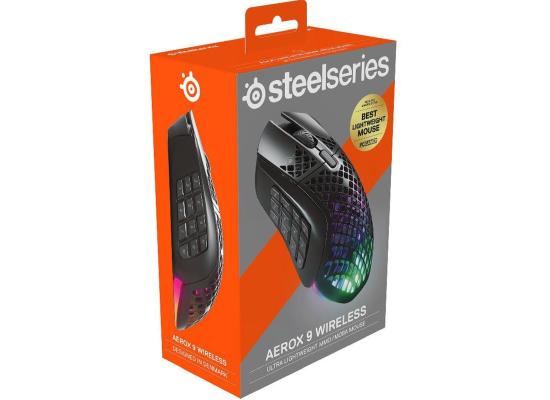 SteelSeries Aerox 9 Wireless (2.4 GHz/Bluetooth) Holey RGB TrueMove Air Optical Sensor Gaming Mouse,18000 DPI,18 Buttons, Ultra-lightweight, Water Resistant Design 