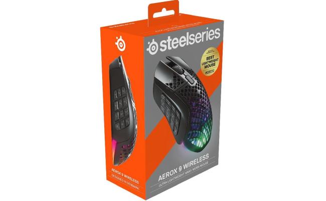 SteelSeries Aerox 9 Wireless (2.4 GHz/Bluetooth) Holey RGB TrueMove Air Optical Sensor Gaming Mouse,18000 DPI,18 Buttons, Ultra-lightweight, Water Resistant Design