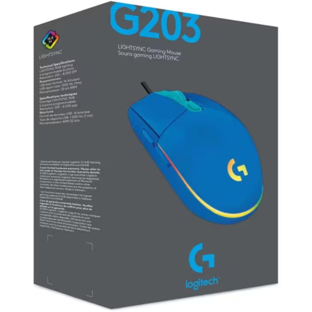 Logitech G203 (Blue) Wired Gaming Mouse, 8K DPI, LIGHTSYNC RGB, 6 Programmable Buttons, On-Board Memory, Screen Mapping, For PC & Mac