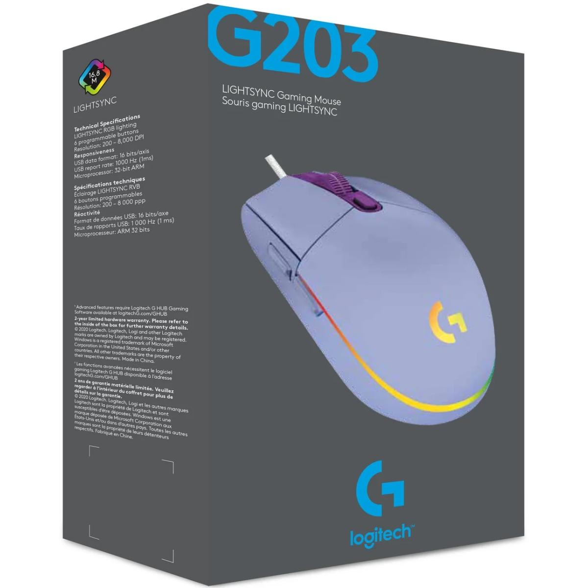 Logitech G203 (Lilac) Wired Gaming Mouse, 8K DPI, LIGHTSYNC RGB, 6 Programmable Buttons, On-Board Memory, Screen Mapping, For PC & Mac