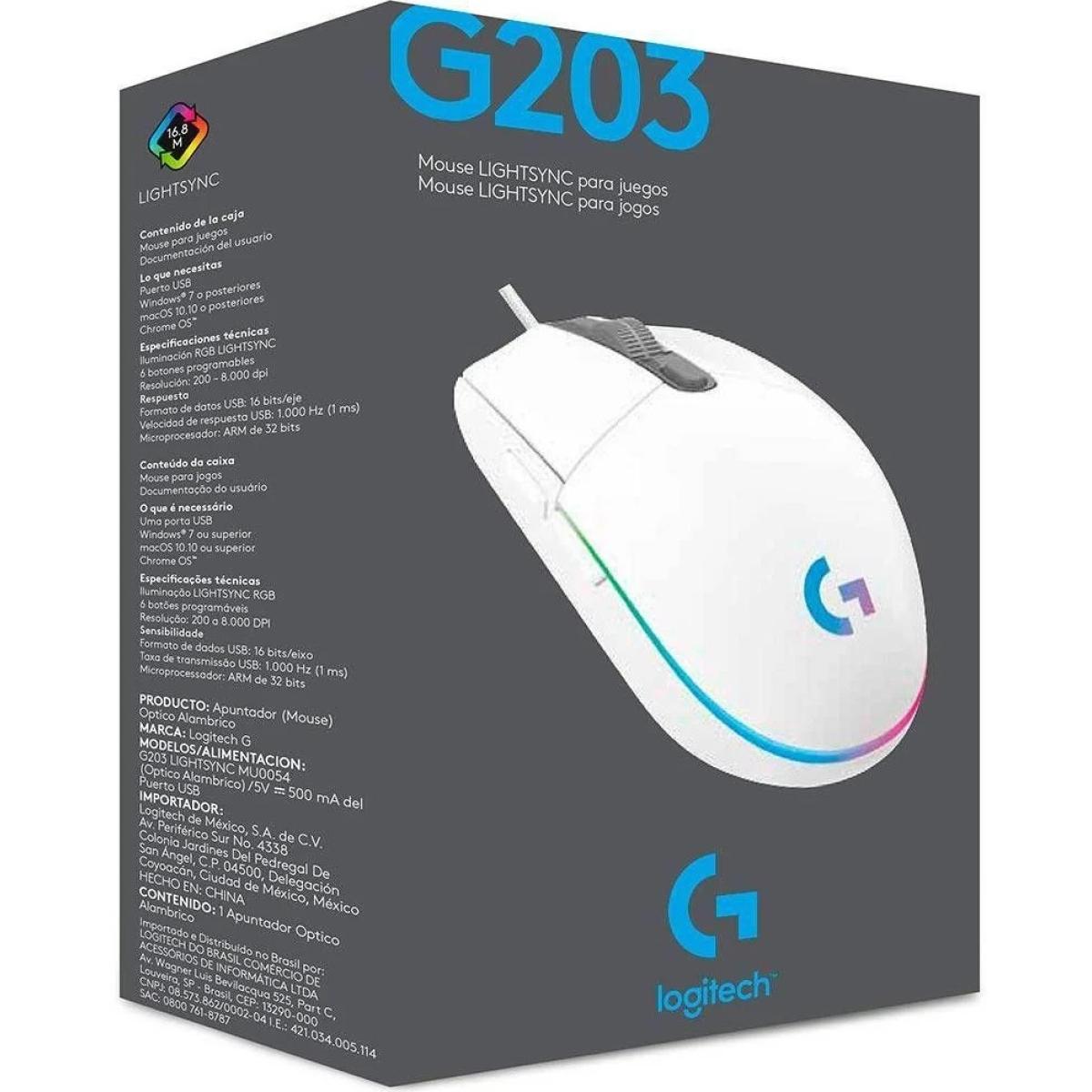 Logitech G203 (White) Wired Gaming Mouse, 8K DPI, LIGHTSYNC RGB, 6 Programmable Buttons, On-Board Memory, Screen Mapping, For PC & Mac