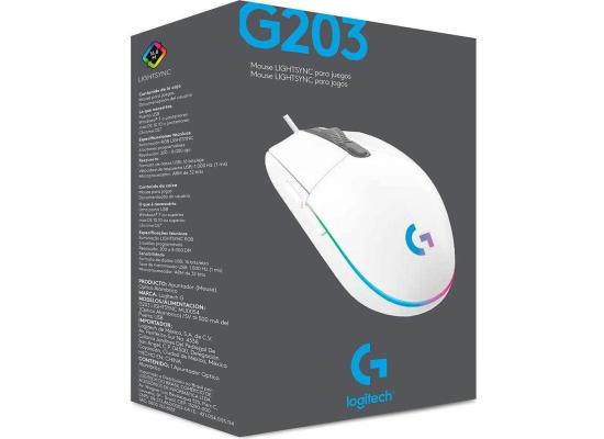 Logitech G203 (White) Wired Gaming Mouse, 8K DPI, LIGHTSYNC RGB, 6 Programmable Buttons, On-Board Memory, Screen Mapping, For PC & Mac