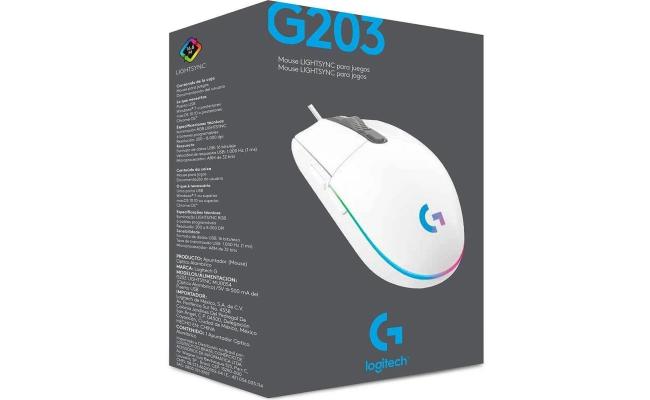 Logitech G203 (White) Wired Gaming Mouse, 8K DPI, LIGHTSYNC RGB, 6 Programmable Buttons, On-Board Memory, Screen Mapping, For PC & Mac