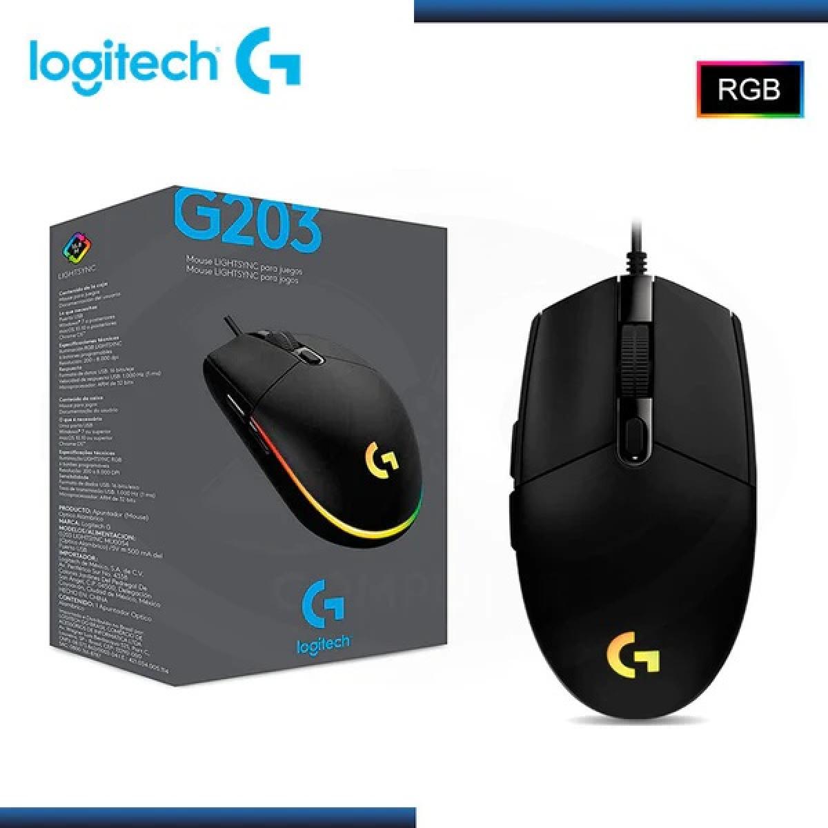 Logitech G203 Wired Gaming Mouse, 8,000 DPI, Rainbow Optical Effect LIGHTSYNC RGB, 6 Programmable Buttons, On-Board Memory, Screen Mapping, PC/Mac Computer and Laptop Compatible - Black