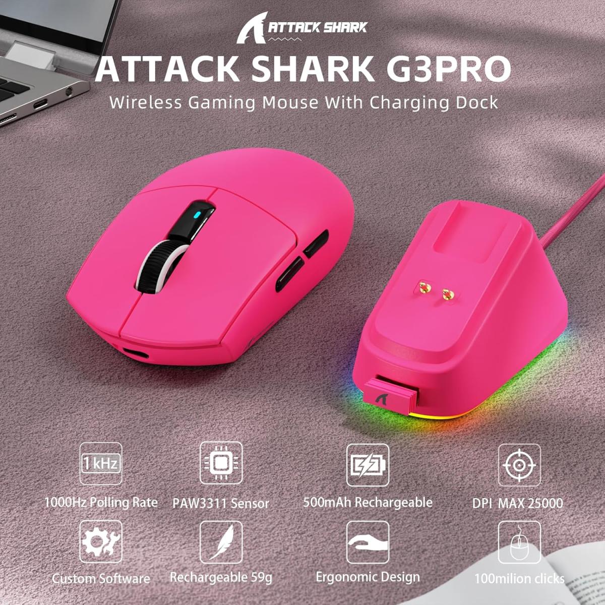 ATTACK SHARK G3PRO Wireless Gaming Mouse with RGB Charging Dock,2.4G/USB-C Wired/BT PAW3311 Optical Sensor 1K Polling Rate Adjustable 25K DPI,500mAh Battery Ultra Lightweight 59g Mice(Red) ATTACK SHARK G3PRO Wireless Gaming Mouse with RGB Charging Dock,2.4G/USB-C Wired/BT PAW3311 Optical Sensor 1K Polling Rate Adjustable 25K DPI,500mAh Battery Ultra Lightweight 59g Mice(Red)