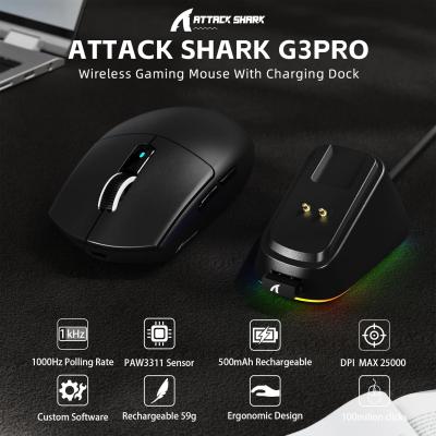 ATTACK SHARK G3PRO Wireless Gaming Mouse with RGB Charging Dock,2.4G/USB-C Wired/BT PAW3311 Optical Sensor 1K Polling Rate Adjustable 25K DPI,500mAh Battery Ultra Lightweight 59g Mice(Black)