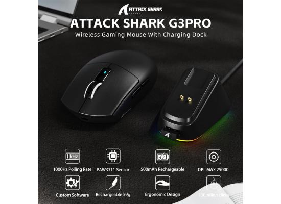 ATTACK SHARK G3PRO Wireless Gaming Mouse with RGB Charging Dock,2.4G/USB-C Wired/BT PAW3311 Optical Sensor 1K Polling Rate Adjustable 25K DPI,500mAh Battery Ultra Lightweight 59g Mice(Black)