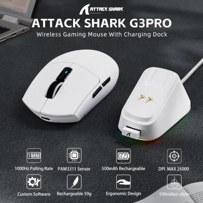 ATTACK SHARK G3PRO Wireless Gaming Mouse with RGB Charging Dock,2.4G/USB-C Wired/BT PAW3311 Optical Sensor 1K Polling Rate Adjustable 25K DPI,500mAh Battery Ultra Lightweight 59g Mice (White)