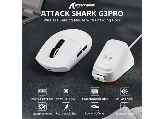 ATTACK SHARK G3PRO Wireless Gaming Mouse with RGB Charging Dock,2.4G/USB-C Wired/BT PAW3311 Optical Sensor 1K Polling Rate Adjustable 25K DPI,500mAh Battery Ultra Lightweight 59g Mice (White)