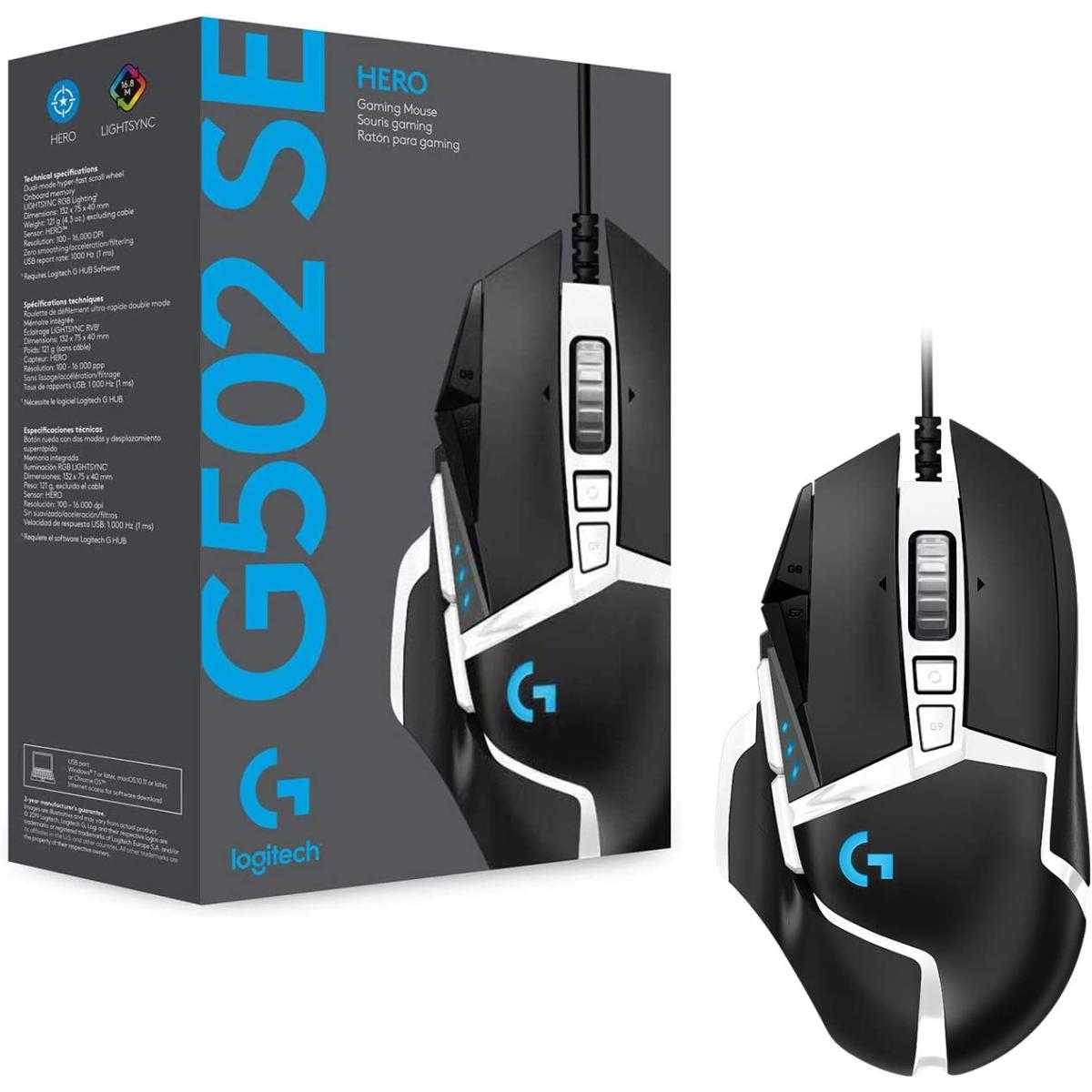 Logitech G502 HERO SE, Fully Programmable 11 Buttons W/ Hero 25K Sensor RGB High Performance Gaming Mouse (Black & White Theme) (Comes w/ Leather Cord)