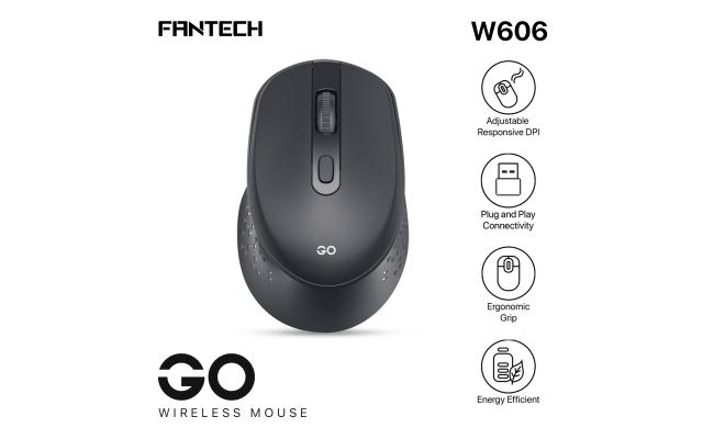 Fantech GO W606 Wireless (USB 2.4GHz) Ergonomic Lightweight Grip Office Mouse (Black), Optical Sensor, Long Lasting AA Battery,1600 DPI, Up To 10 Meters