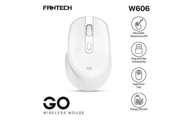 Fantech GO W606 Wireless (USB 2.4GHz) Ergonomic Lightweight Grip Office Mouse (White), Optical Sensor, Long Lasting AA Battery,1600 DPI, Up To 10 Meters