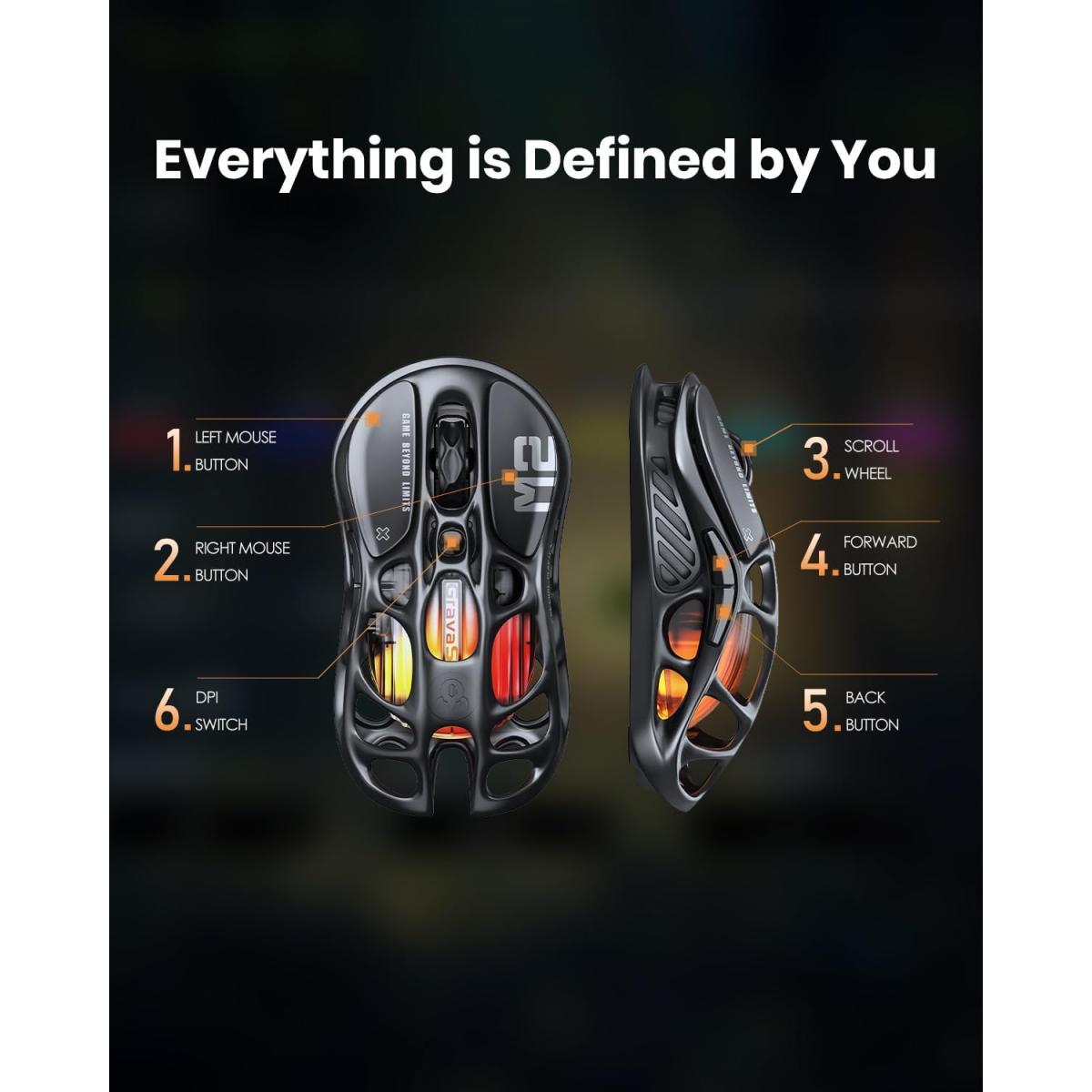 GravaStar Mercury M2 Wireless Gaming Mouse with 26,000 DPI, PAW3395DM Sensor -79g Lightweight Hollowed-Out Design -5 Programmable Buttons -5 Dynamic Lightsync RGB