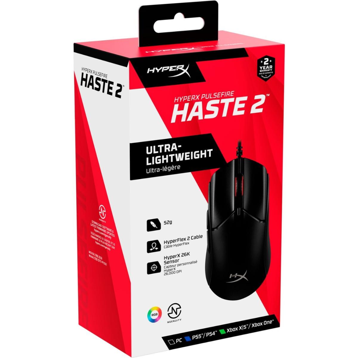 HyperX Pulsefire Haste 2 Wired Gaming Mouse Ultra-lightweight 53g, RGB Symmetrical Design, Up to 26000 DPI, Exceptional 8000Hz Polling Rate, Up To 650 IPS Tracking Speed w/ 6 Programmable Buttons