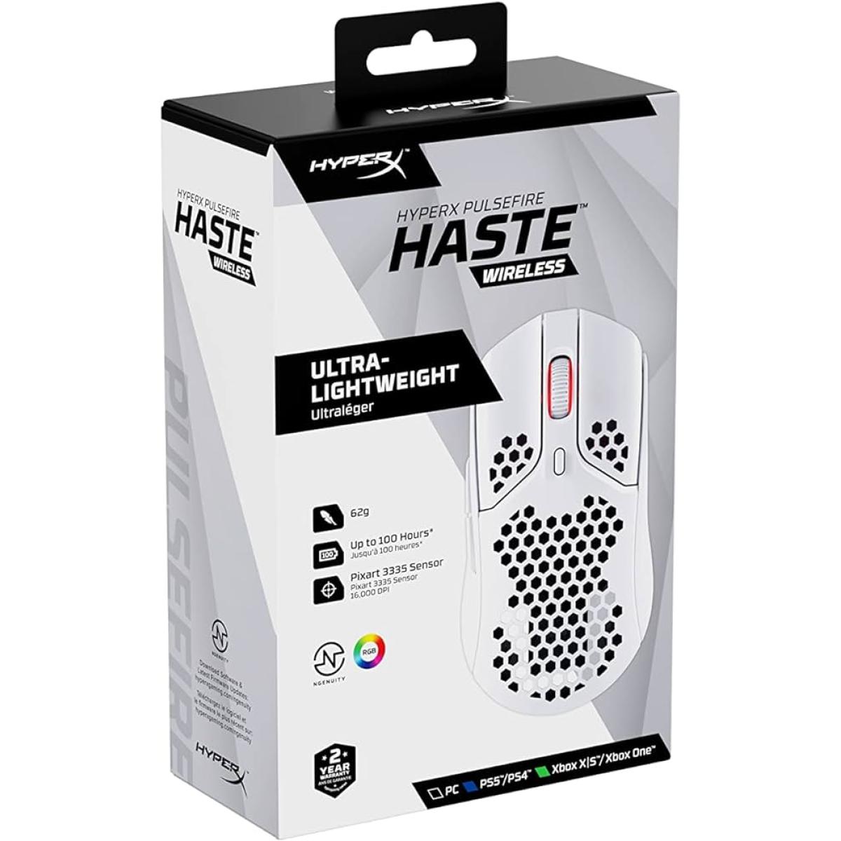 HyperX Pulsefire Haste Wireless Gaming Ultra Lightweight 61g 100 Hour Battery Life, 2.4Ghz Wireless Up to 16,000 DPI Anti-Dust & Water-Resistant Mouse– White