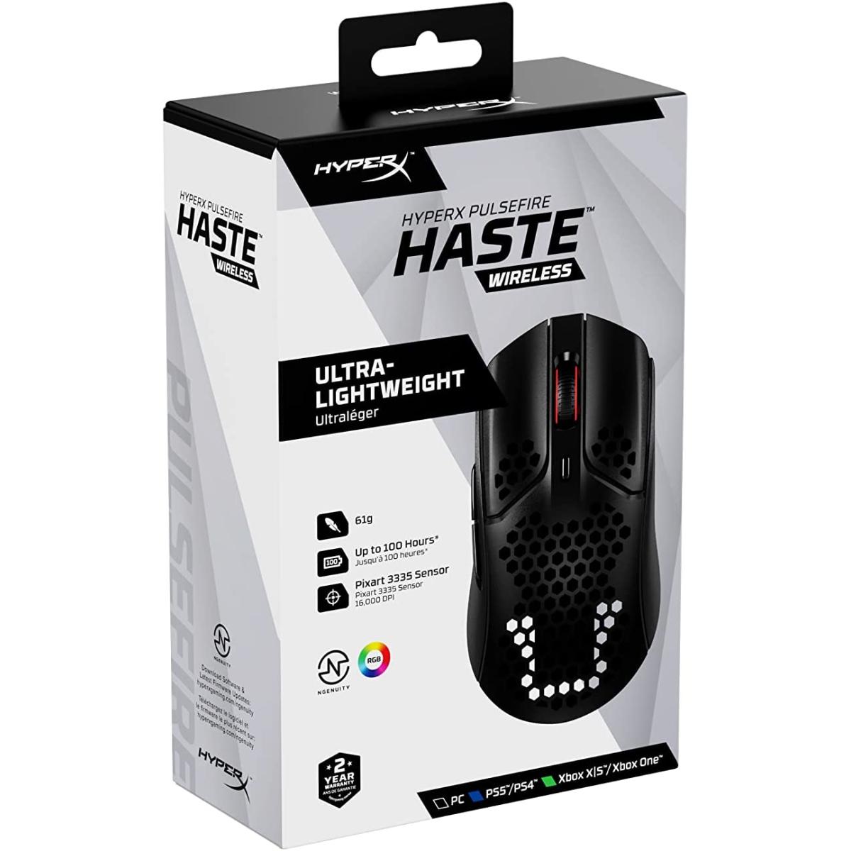 HyperX Pulsefire Haste Wireless Gaming Ultra Lightweight 61g 100 Hour Battery Life, 2.4Ghz Wireless Up to 16000 DPI Anti-Dust & Water-Resistant Mouse– Black