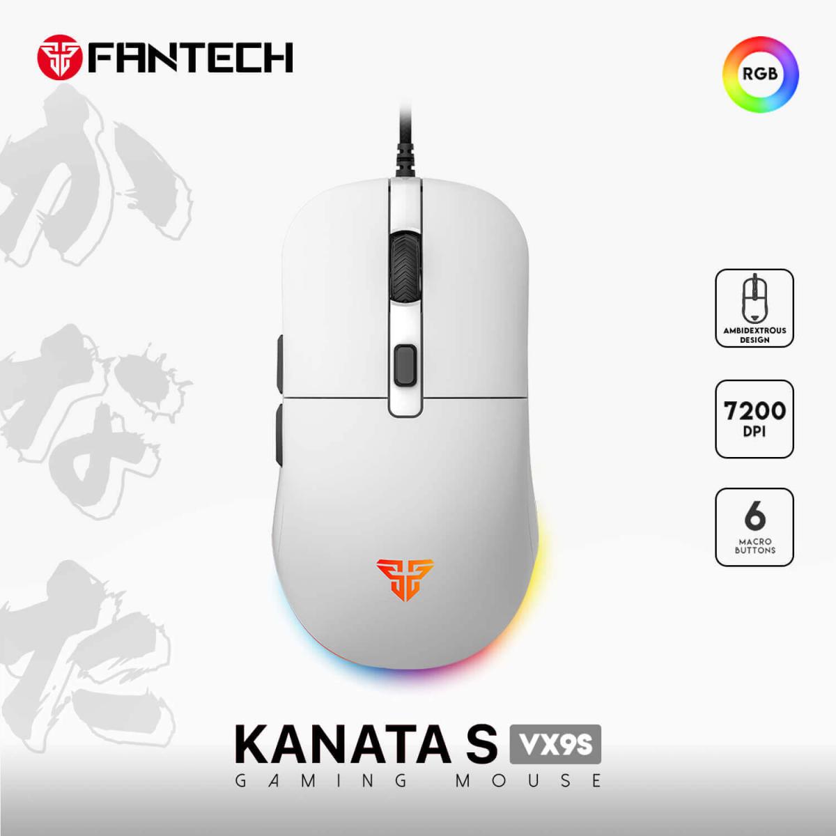 FANTECH KANATA S VX9S (White) RGB Optical Wired Gaming Mouse, 7200 DPI, 82g Weight, Ambidextrous Design, Braided Cord, Software Support For Kanata S