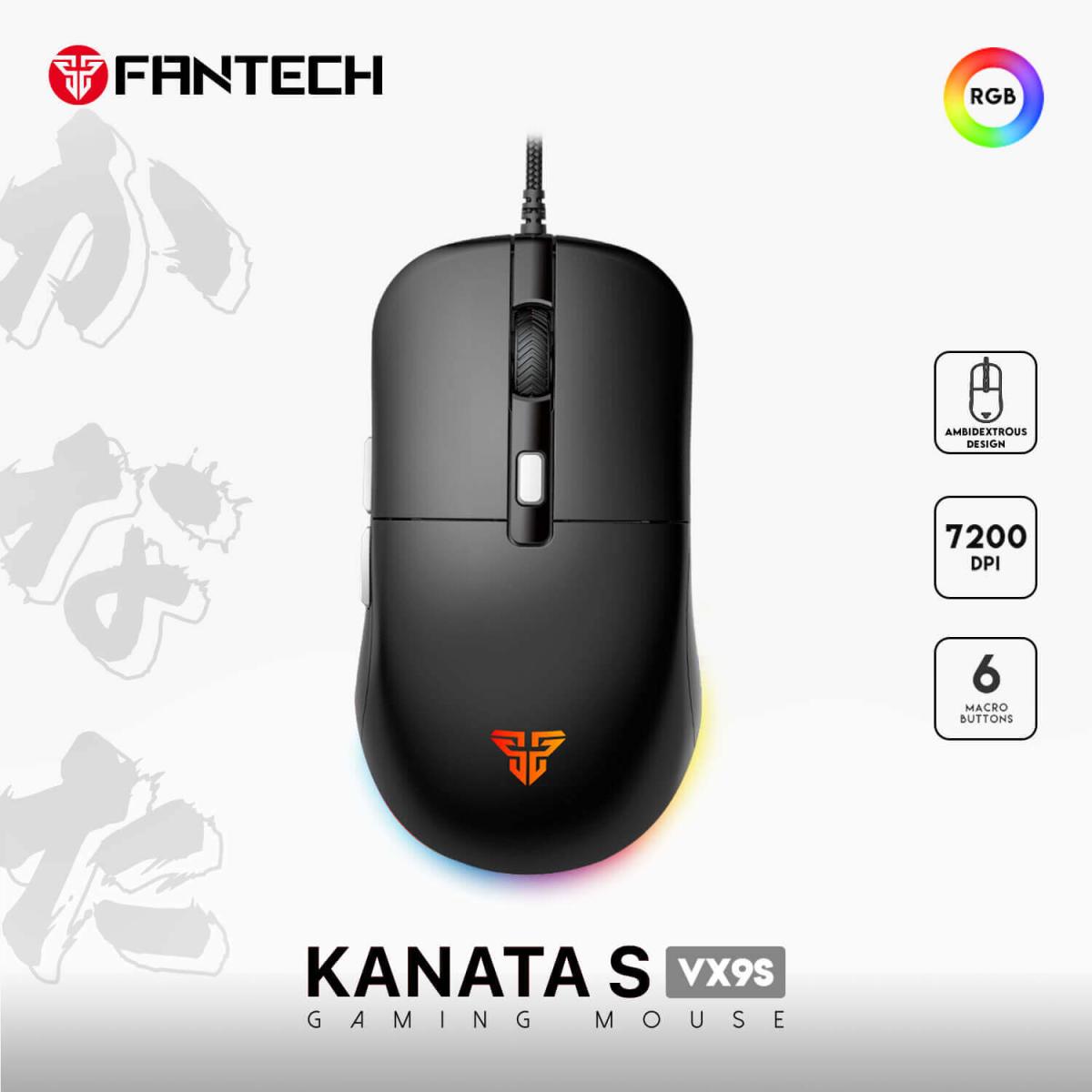FANTECH KANATA S VX9S RGB Optical Wired Gaming Mouse, 7200 DPI, 82g Weight, Ambidextrous Design, Braided Cord, Software Support For Kanata S