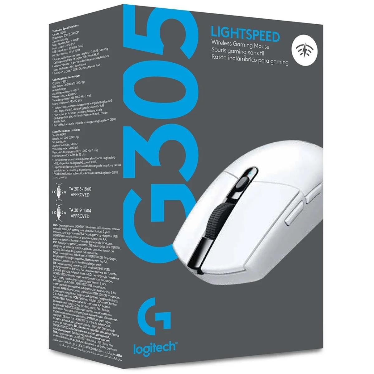 Logitech G305 Lightspeed Wireless Gaming Mouse w/ Hero 12K Sensor 6 Programmable Buttons Up To 250 Hours Durability With One AA Battery - White