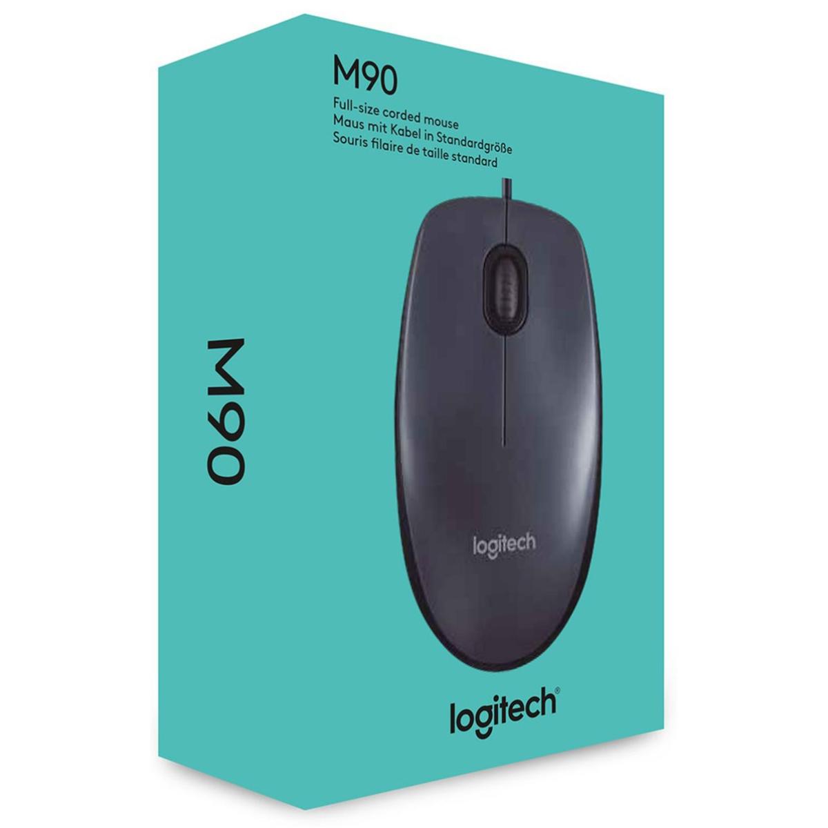 Logitech M90 1000 dpi USB Wired Optical Mouse, Comfort Ambidextrous Design - Black