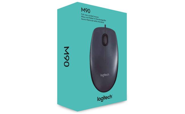 Logitech M90 1000 dpi USB Wired Optical Mouse, Comfort Ambidextrous Design - Black